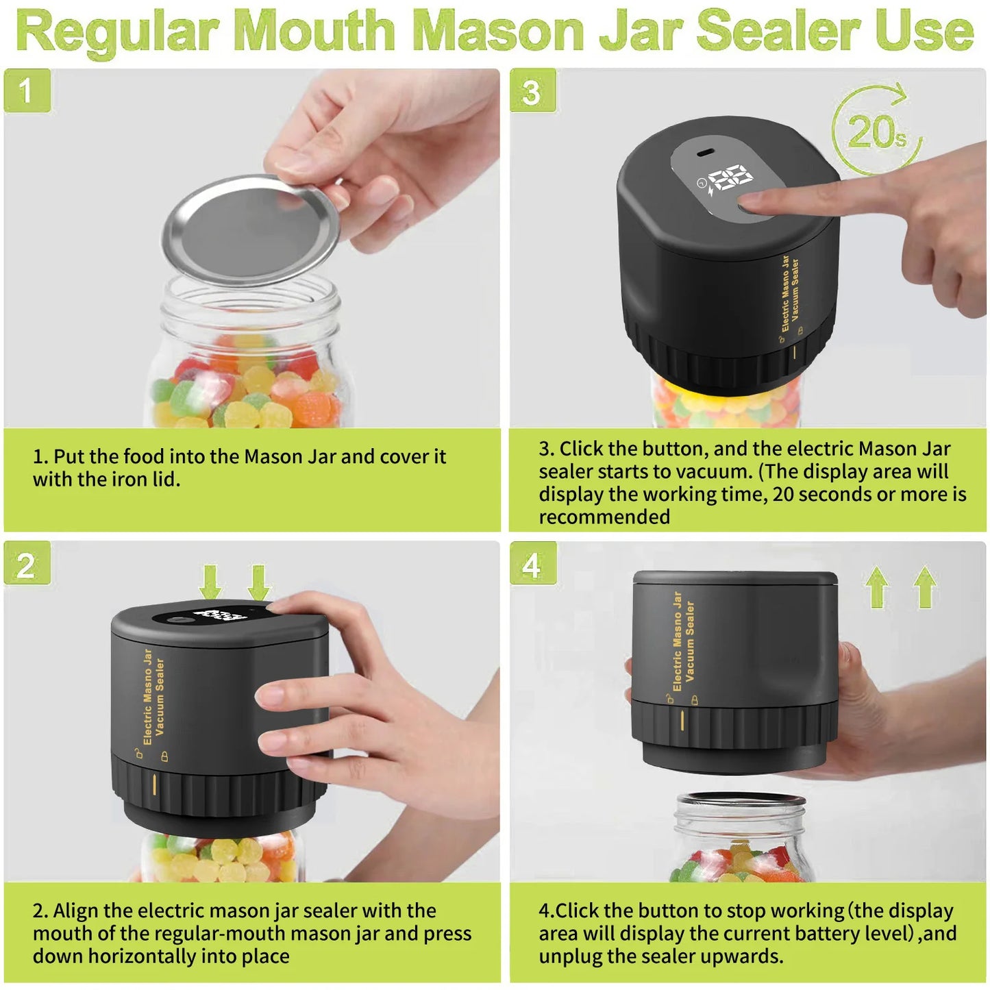 Cordless Electric Mason Jar Vacuum Sealer – Preserves Food Freshness for Wide & Regular Mouth Jars